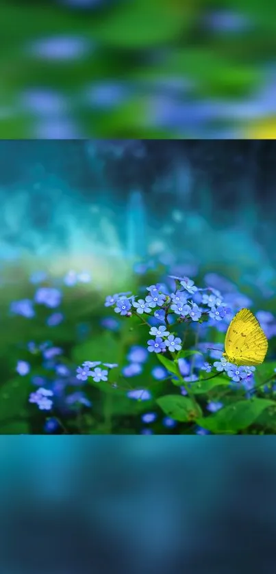 Yellow butterfly on blue flowers with lush green backdrop.