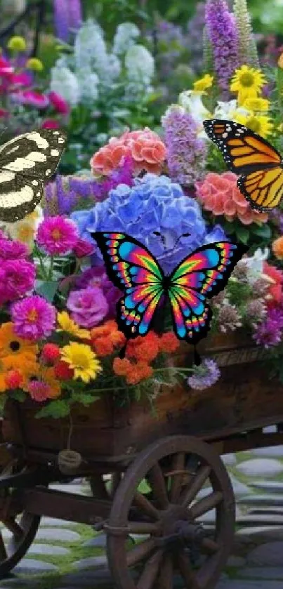 Colorful flowers and butterflies in a garden setting, creating a vibrant scene.