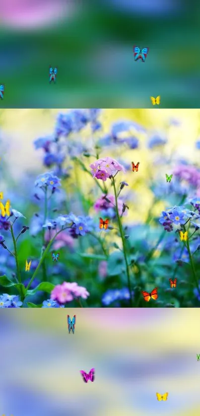 Vibrant purple flowers with butterflies on phone wallpaper.