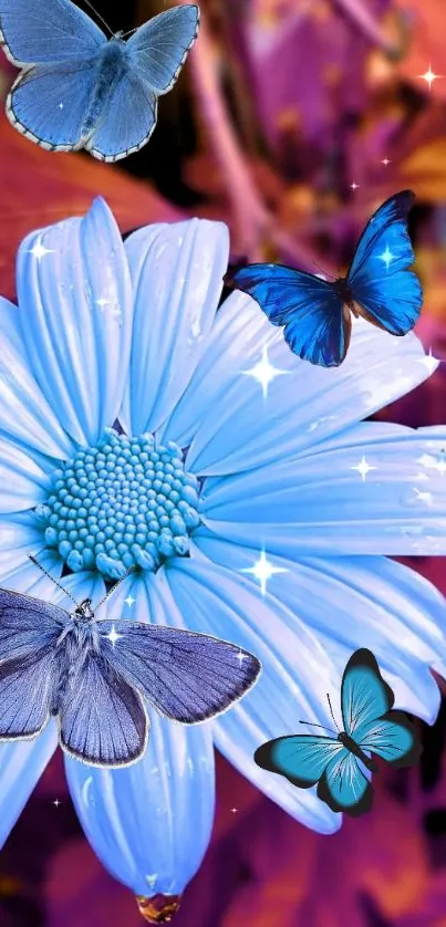 Vibrant wallpaper with a blue flower and butterflies.