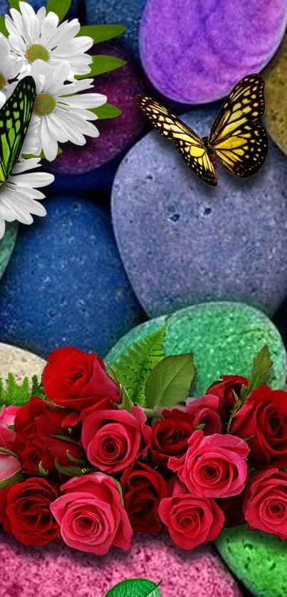 Vibrant wallpaper of stones, flowers, and butterflies.