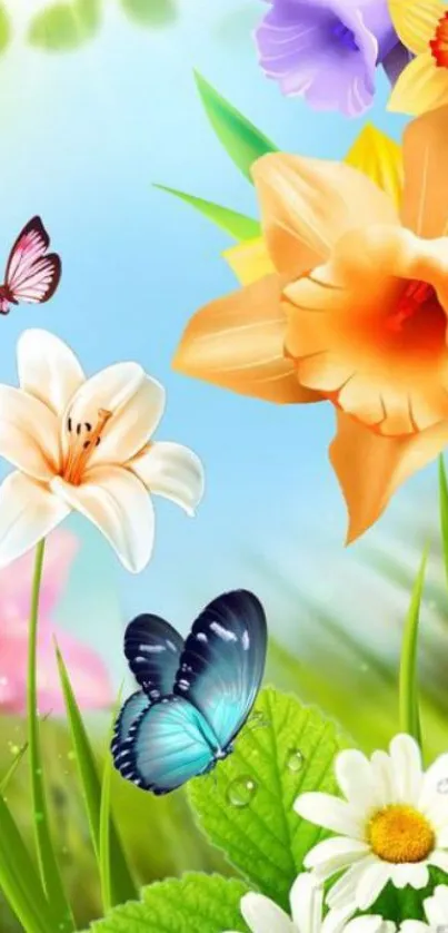 Colorful flowers and butterflies wallpaper for mobile phones.