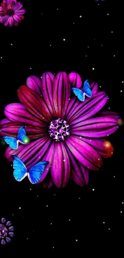 Purple flower and blue butterflies wallpaper design.