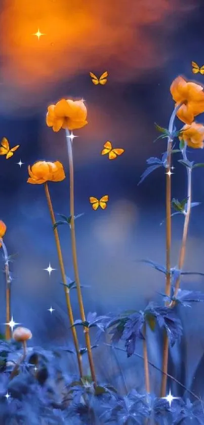 Orange flowers and butterflies wallpaper with blue background.