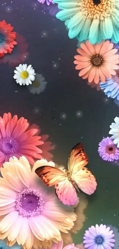 Colorful floral wallpaper with butterfly on vibrant petals.