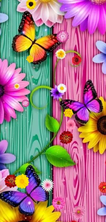 Colorful flowers and butterflies on wooden wallpaper.