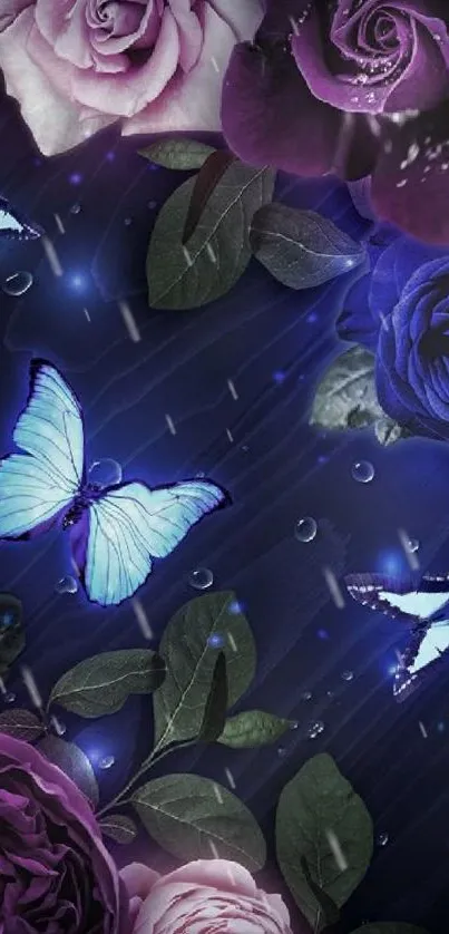 Mobile wallpaper with purple roses and glowing butterflies.