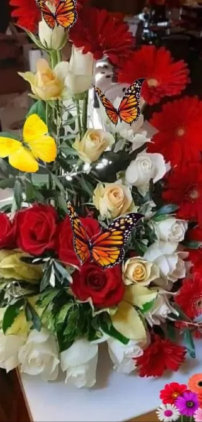 Colorful flowers with butterflies on display.