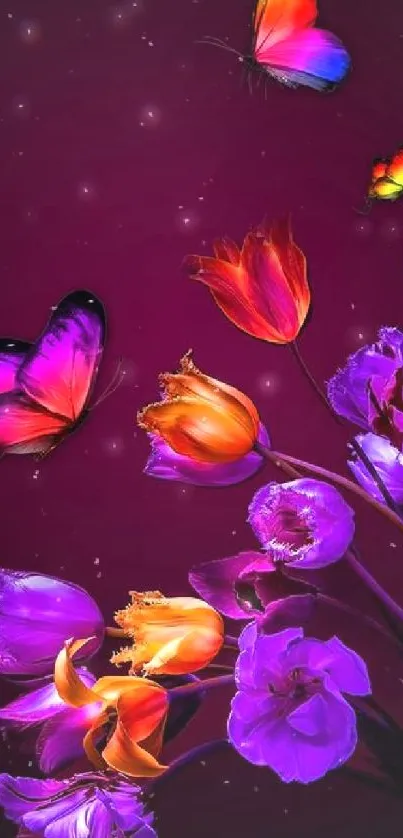 Colorful butterflies and flowers on a plum background.