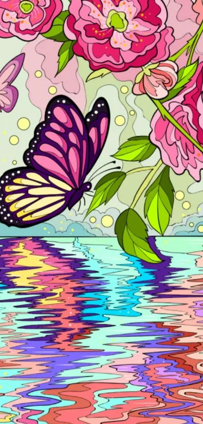 Vibrant butterfly and floral scene with colorful water reflection.