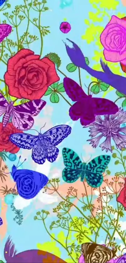 Vibrant wallpaper with butterflies and flowers on a light blue background.