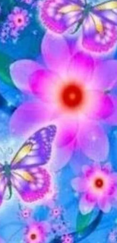 Colorful butterfly and flower mobile wallpaper with vibrant blues and pinks.