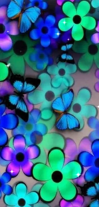 Colorful wallpaper with butterflies and flowers in vibrant blue and green.