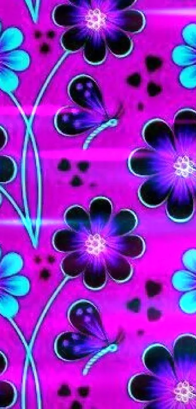 Vibrant purple wallpaper with blue flowers and butterflies.