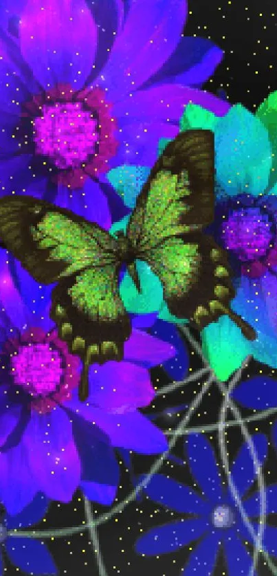 Vibrant purple and green floral wallpaper with butterfly design.