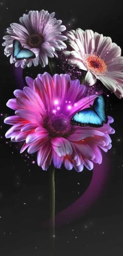 Vibrant floral wallpaper with butterflies on a dark background.