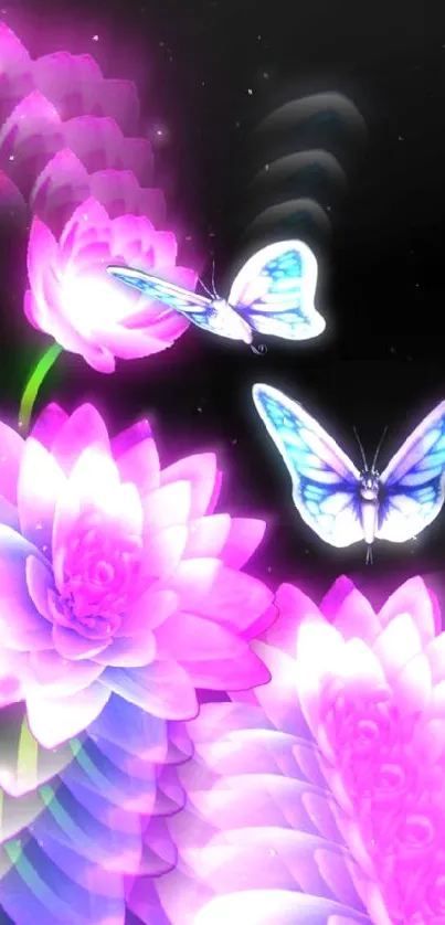 Neon pink flowers with butterflies wallpaper.