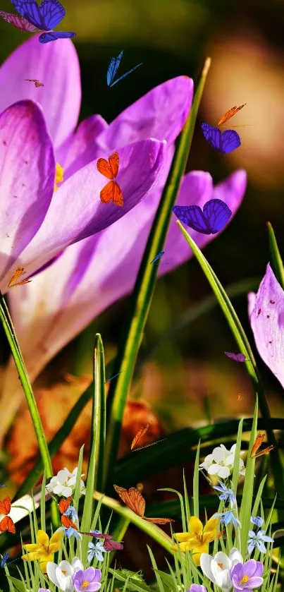 Purple crocus flowers with butterflies in vibrant color.