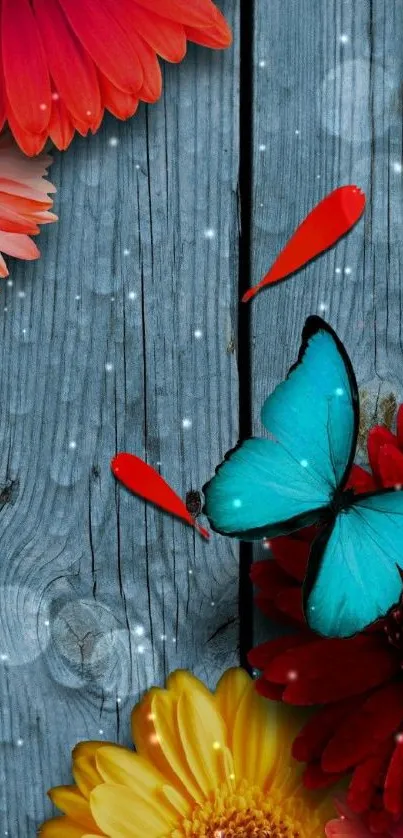 Turquoise butterfly with vibrant flowers on wood background.