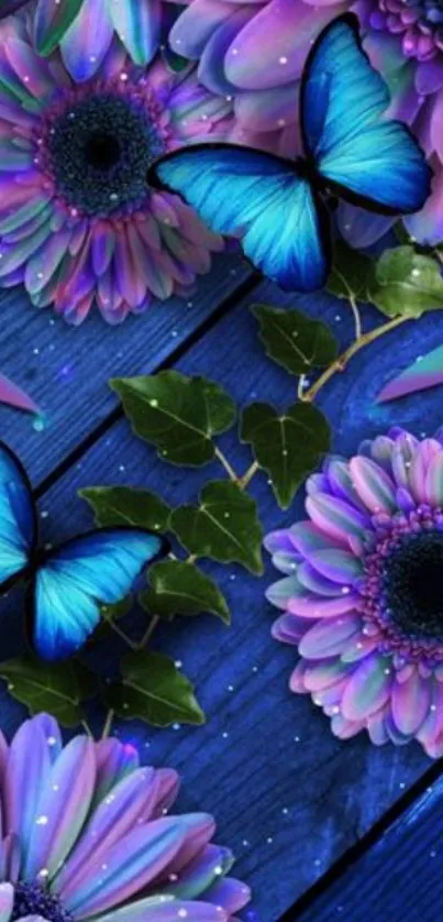 Blue butterflies and purple flowers on a vibrant mobile wallpaper.