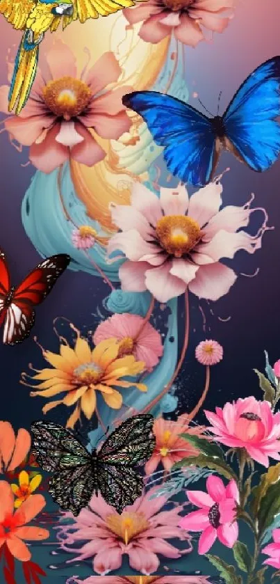 Vibrant floral wallpaper with butterflies in pink and blue hues.