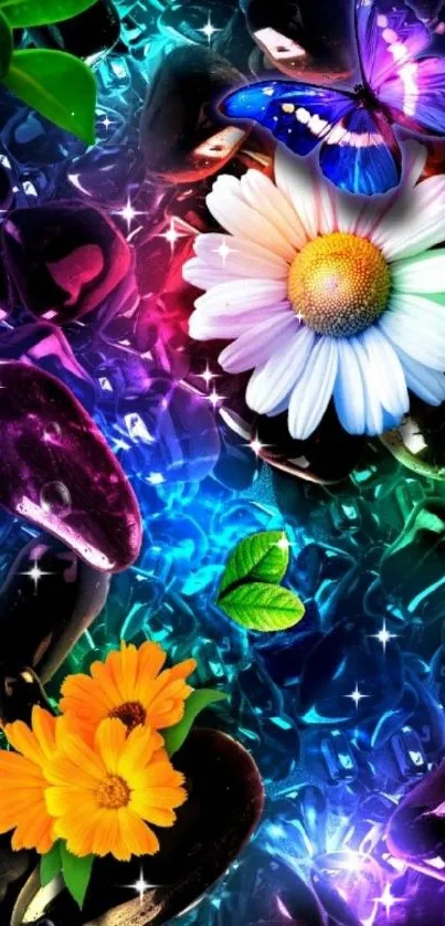 Vibrant 3D wallpaper with flowers and a butterfly.