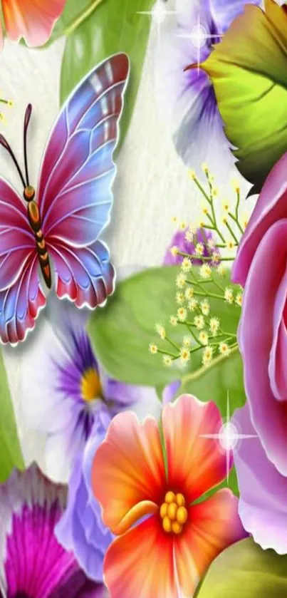 Vibrant floral wallpaper with butterfly and colorful flowers.