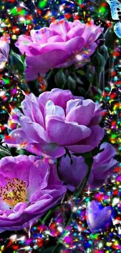 Purple flowers with colorful sparkles and a butterfly.