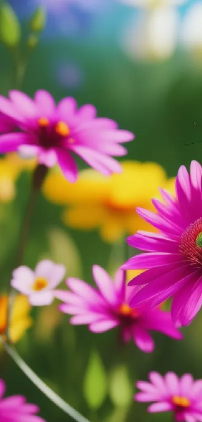 Pink flowers with butterfly in a vibrant garden wallpaper.