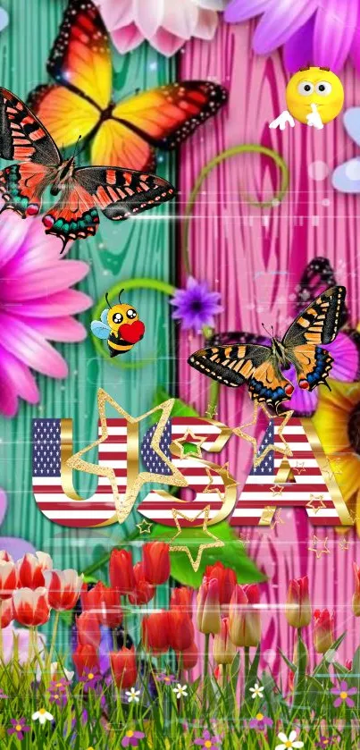 Colorful floral wallpaper with butterflies and USA flag design.