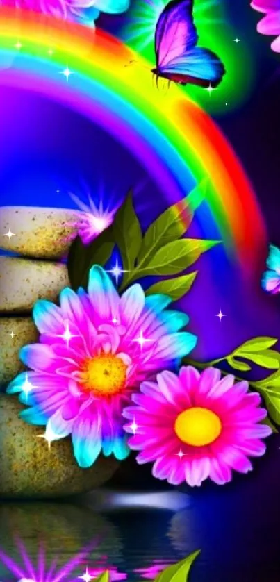 Vibrant wallpaper with flowers, butterflies, and a rainbow.