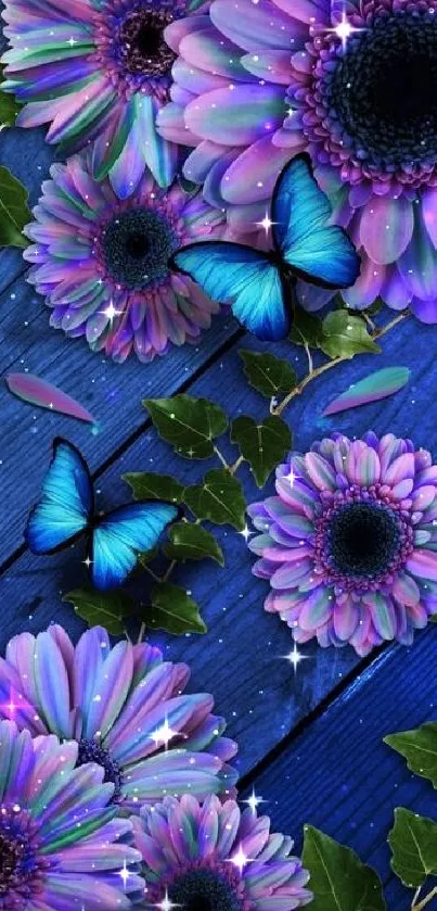 Purple flowers and blue butterflies on a blue wooden background.