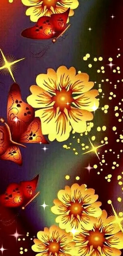 Vibrant yellow flowers with butterflies and stars on a dark red background.