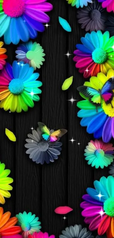 Colorful flowers and butterflies on dark background wallpaper.