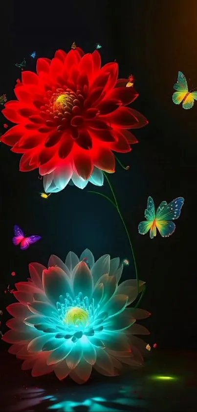 Vibrant red and blue flowers with butterflies on a black background.