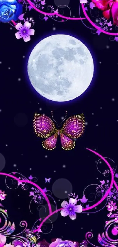 Moon, butterfly, and floral design in vibrant colors.