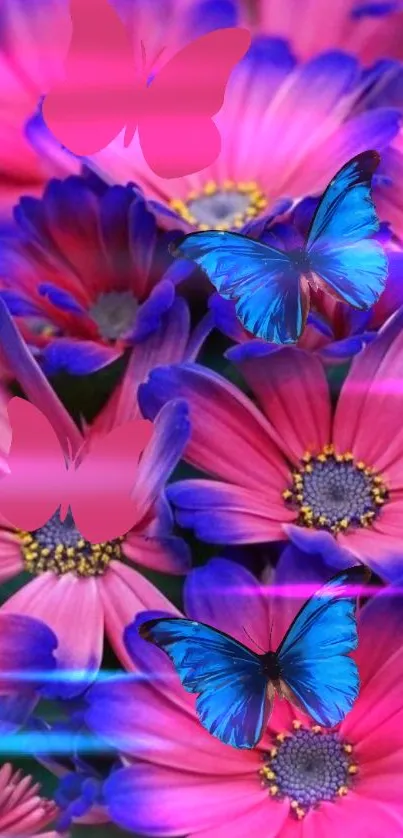 Colorful wallpaper with flowers and blue butterflies.