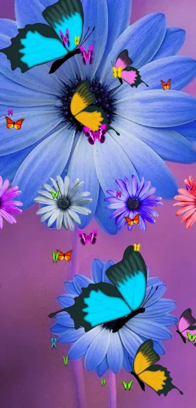 Colorful butterflies and purple flowers on a vibrant wallpaper design.