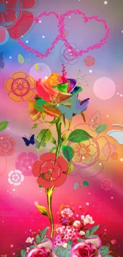 Vibrant rose and butterfly wallpaper with colorful background.