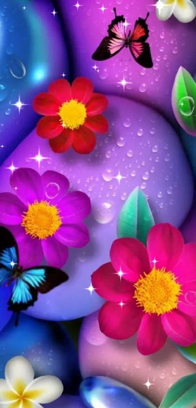 Colorful mobile wallpaper with flowers and butterflies.