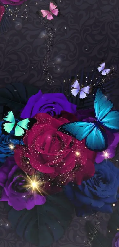 Colorful floral wallpaper with butterflies on dark background.