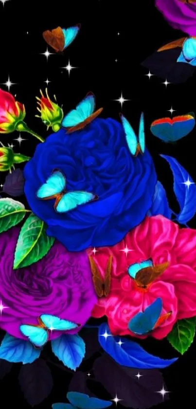 Colorful floral wallpaper with butterflies on black background.