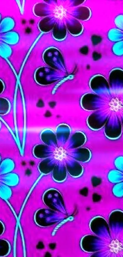 Vibrant purple wallpaper with blue flowers and butterflies.