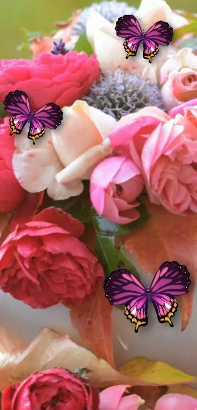 Pink roses and butterflies adorn this delicate mobile wallpaper.