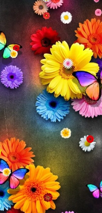 Vibrant wallpaper with flowers and butterflies.