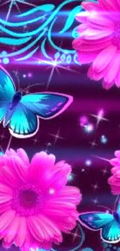 Pink flowers and blue butterflies design wallpaper.