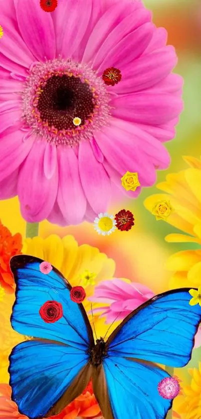 A vibrant mobile wallpaper with a blue butterfly and colorful flowers.