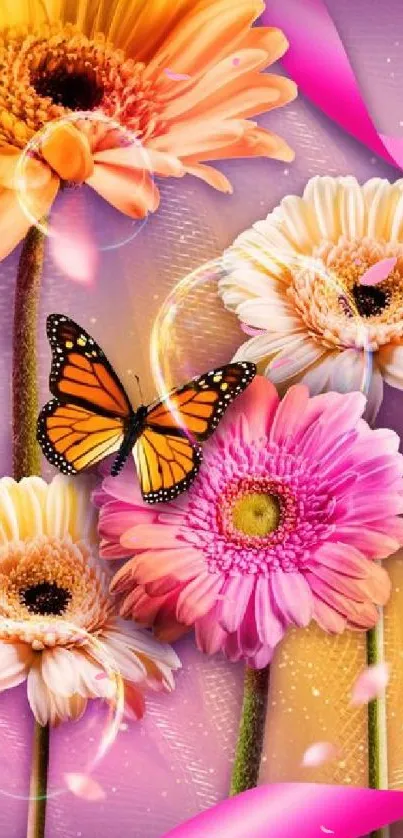 Vibrant pink floral wallpaper with butterfly and colorful flowers.