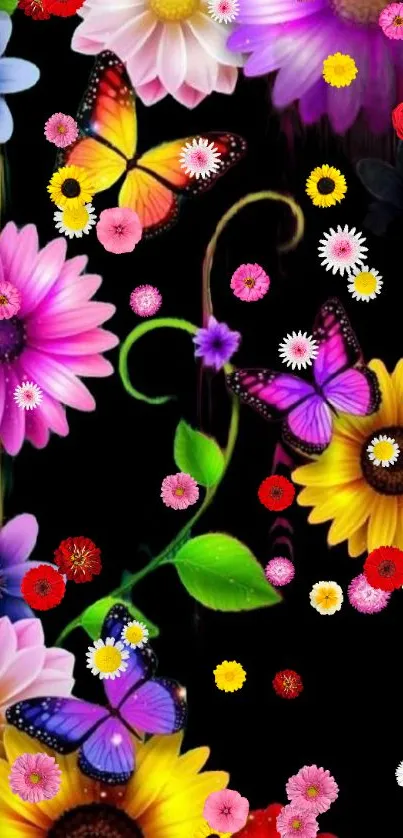 Colorful floral and butterfly wallpaper on a black background.