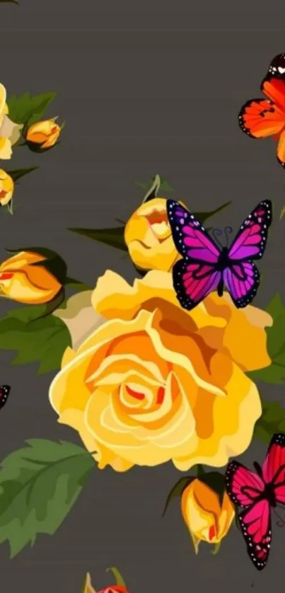 Yellow roses and butterflies wallpaper with vibrant colors on a dark background.